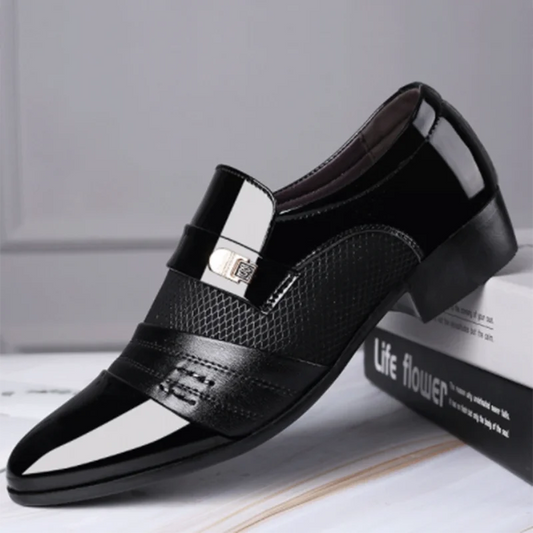 Black Luxury Leather Men's Shoes with a silver buckle on a white surface