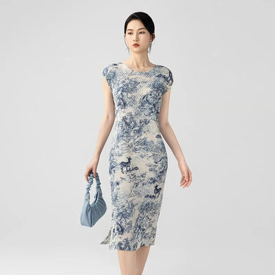 CasualFlowshop Blue Marble Pleated Midi Dress - Art-Inspired Elegance