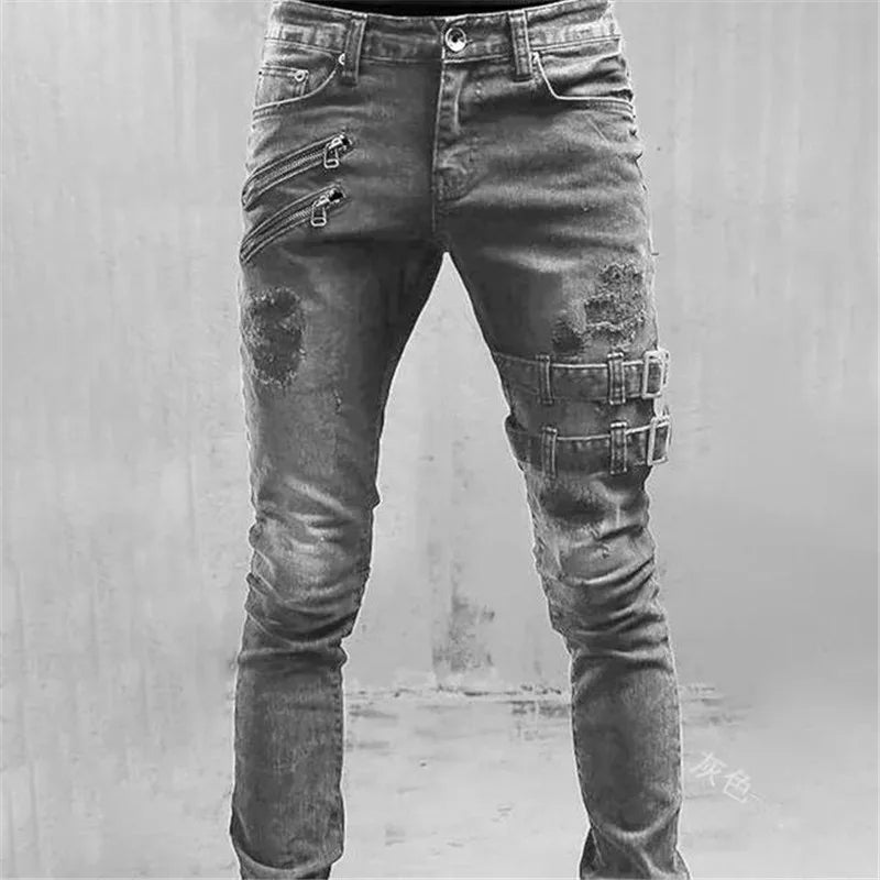 Men's Harajuku Techwear Skinny Jeans with Y2K punk design in black stretch denim
