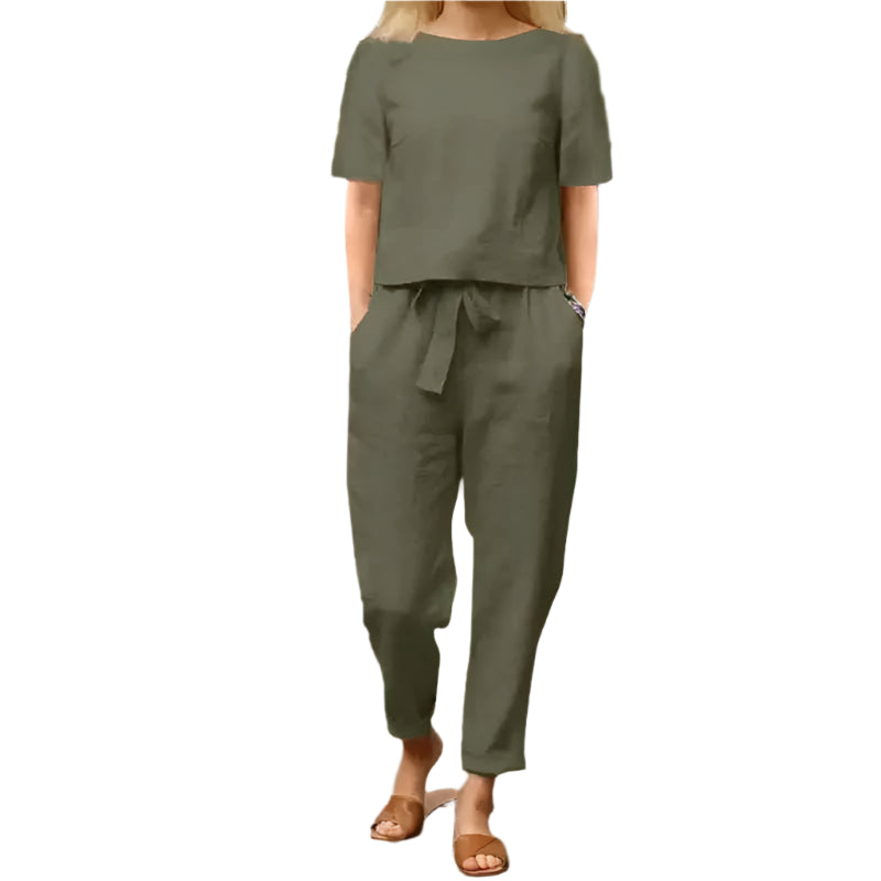 Women's Cotton Linen Summer Suit. A breathable two-piece set with a half-sleeved top and wide-leg trousers.
