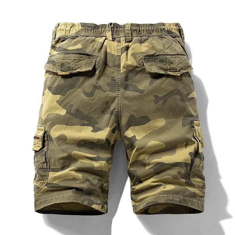 Men's Cotton Cargo Camouflage Shorts with pockets and breathable fabric.