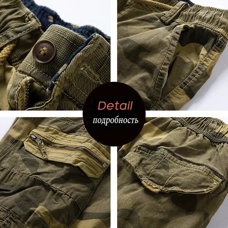 Men's Cotton Cargo Camouflage Shorts with pockets and breathable fabric.