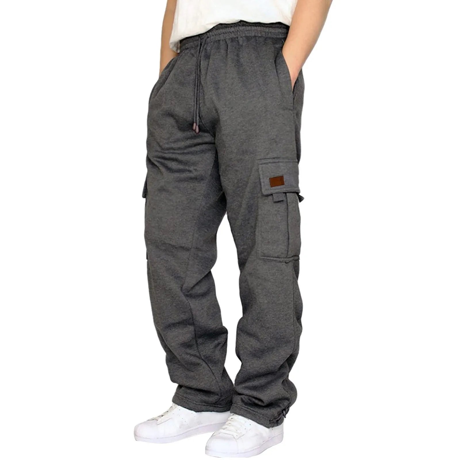 Men's multi-pocket fleece sweatpants featuring durable fabric and convenient storage pockets for ultimate comfort and style