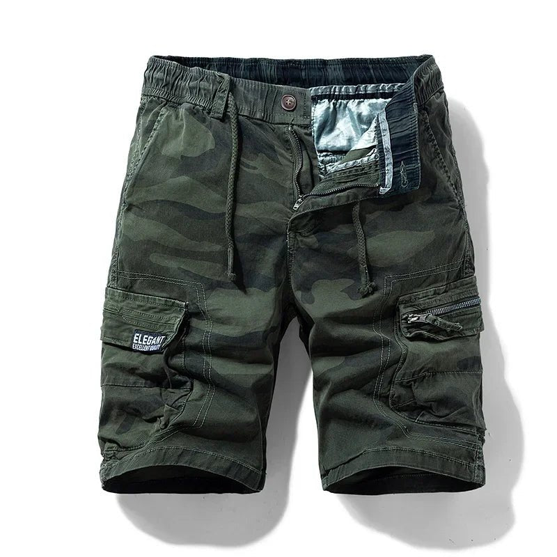 Men's Cotton Cargo Camouflage Shorts with pockets and breathable fabric.