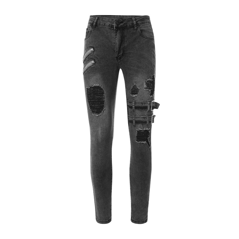 Men's Harajuku Techwear Skinny Jeans with Y2K punk design in black stretch denim