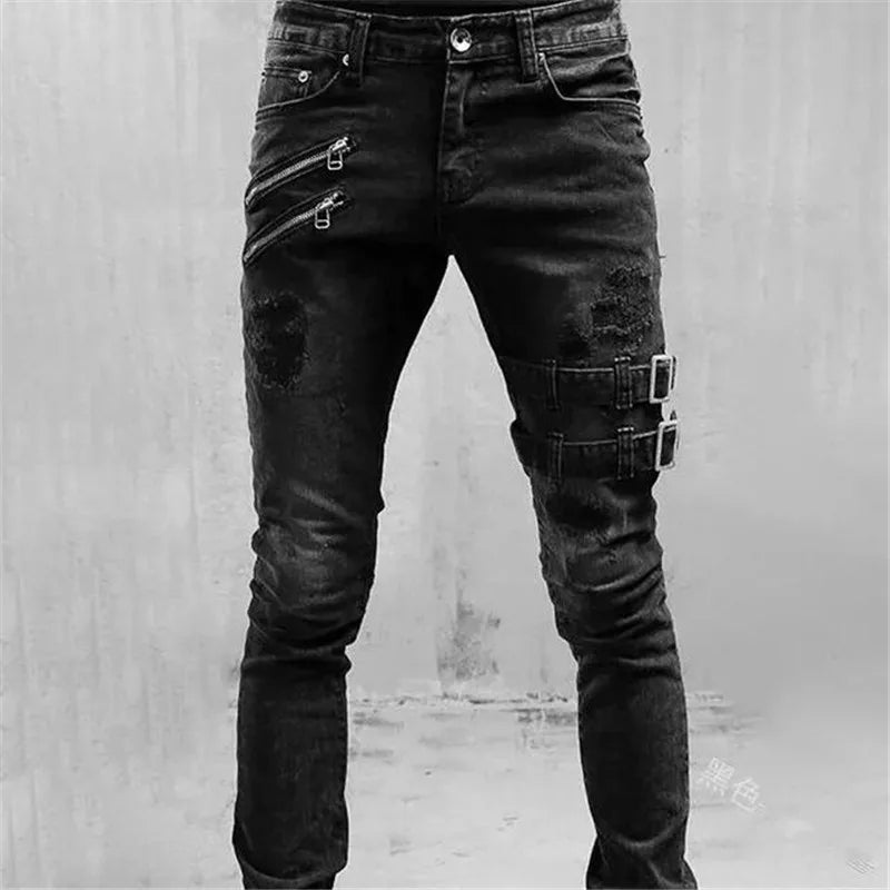 Men's Harajuku Techwear Skinny Jeans with Y2K punk design in black stretch denim