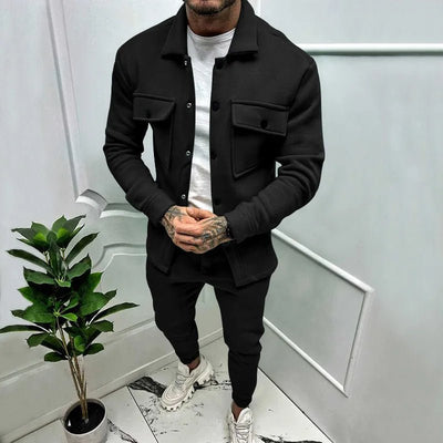 Men’s Solid Color Jacket & Pants Outfit – Casual Streetwear 2-Piece Set