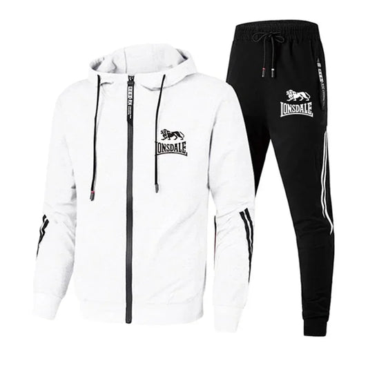 White hoodie and black tracksuit with Lonsdale logo on a white background