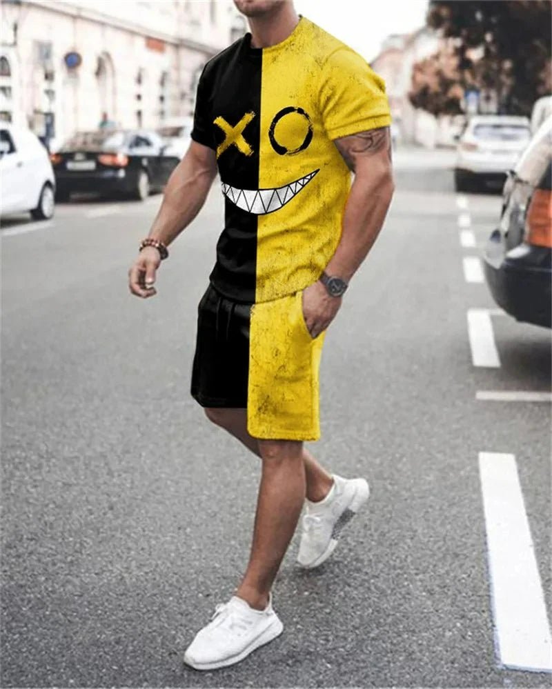 Person wearing a black and yellow graphic t-shirt on a city street.