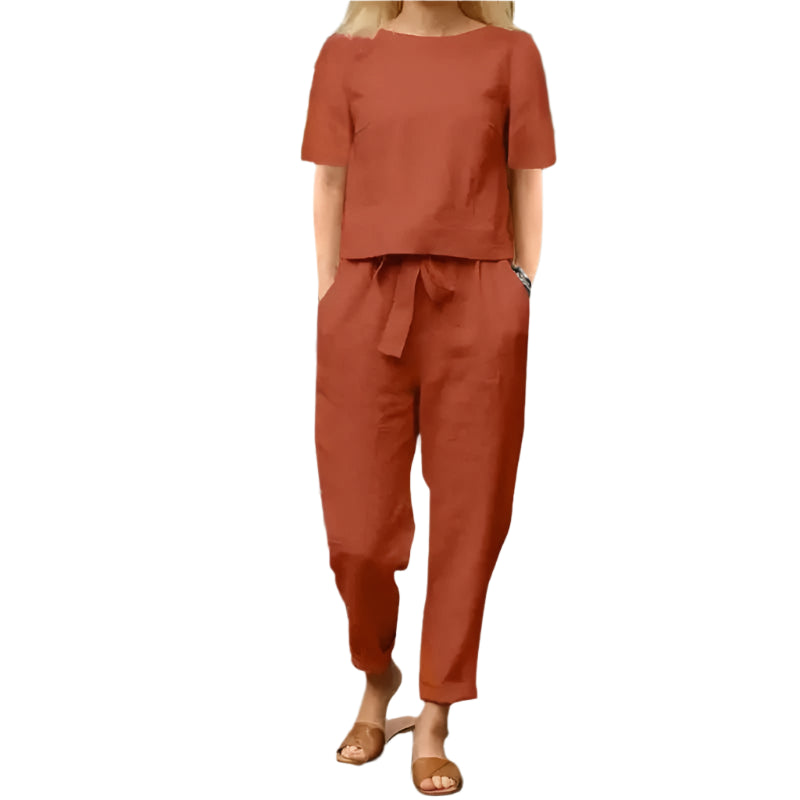 Women's Cotton Linen Summer Suit. A breathable two-piece set with a half-sleeved top and wide-leg trousers.
