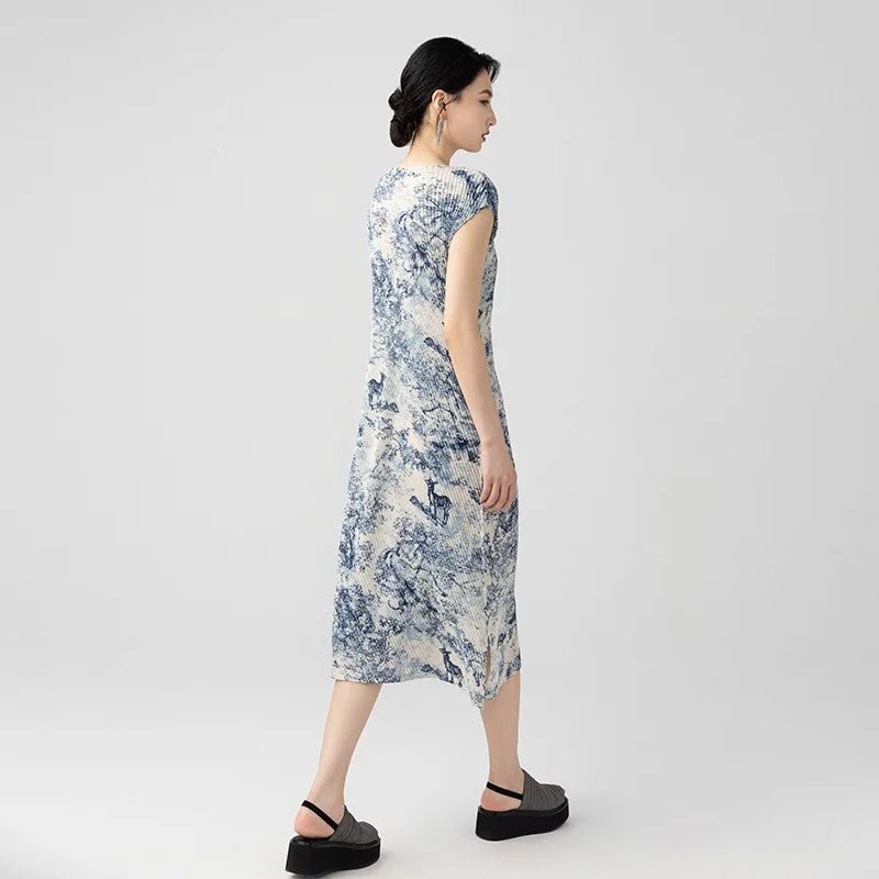 CasualFlowshop Blue Marble Pleated Midi Dress - Art - Inspired Elegance - CasualFlowshop