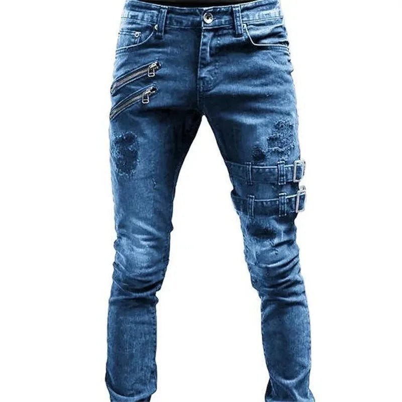 Men's Harajuku Techwear Skinny Jeans with Y2K punk design in black stretch denim