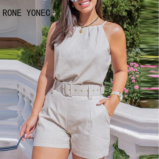 Sleeveless set and short pants with Belts for women's on summer - CasualFlowshop