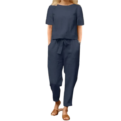 Traje elegante de verano de lino y algodón para mujer: blusa de media manga y pantalones anchos 