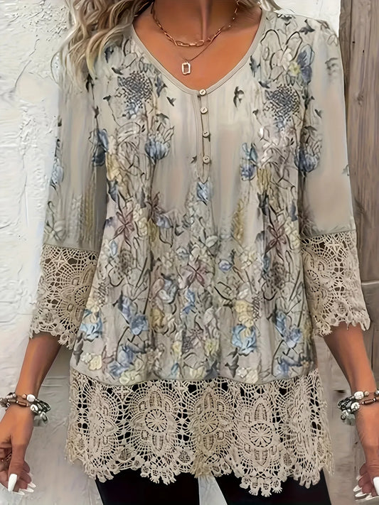 CasualFlowshop Boho Floral Lace Blouse - Dreamy V - Neck Top - CasualFlowshop