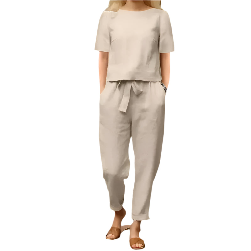 Women's Cotton Linen Summer Suit. A breathable two-piece set with a half-sleeved top and wide-leg trousers.