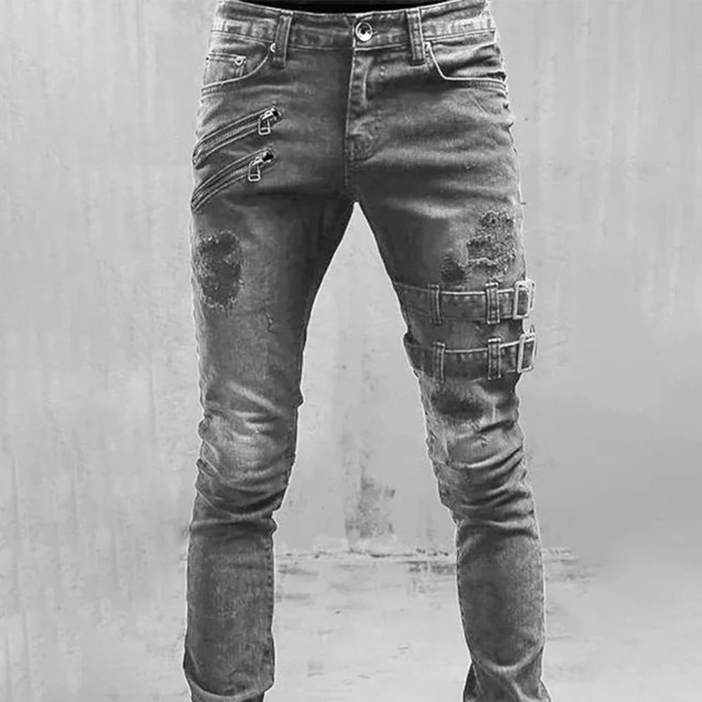 Stylish distressed slim-fit jeans showcasing strategic rips and a flattering silhouette, perfect for enhancing any casual outfit
