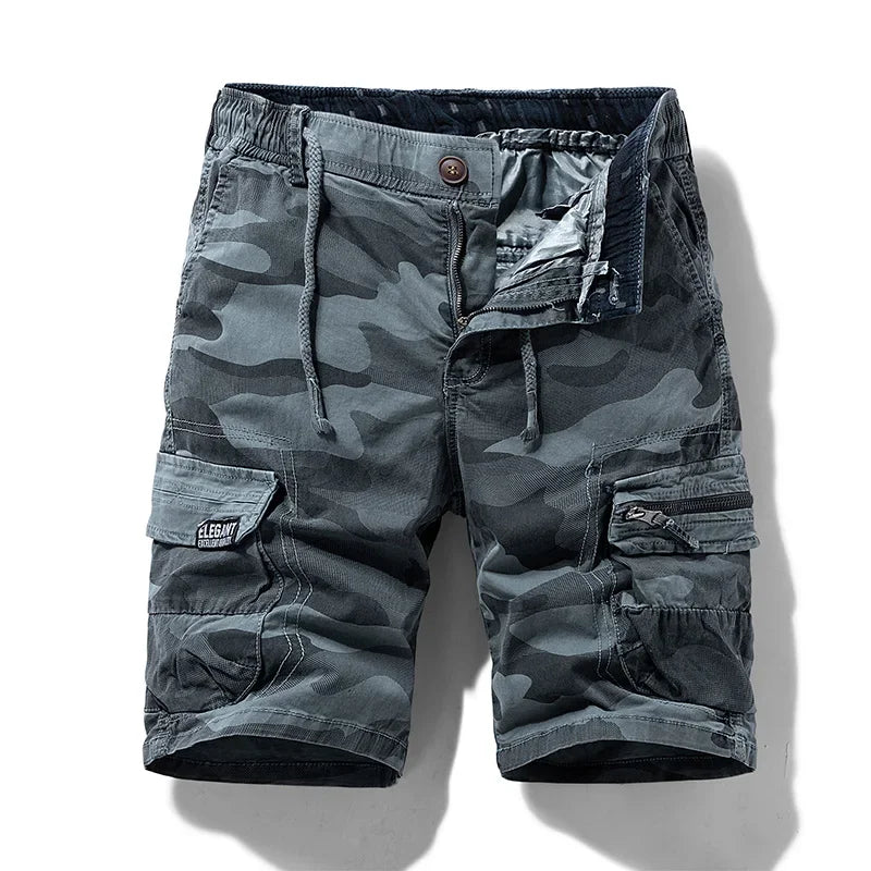 Men's Cotton Cargo Camouflage Shorts with pockets and breathable fabric.