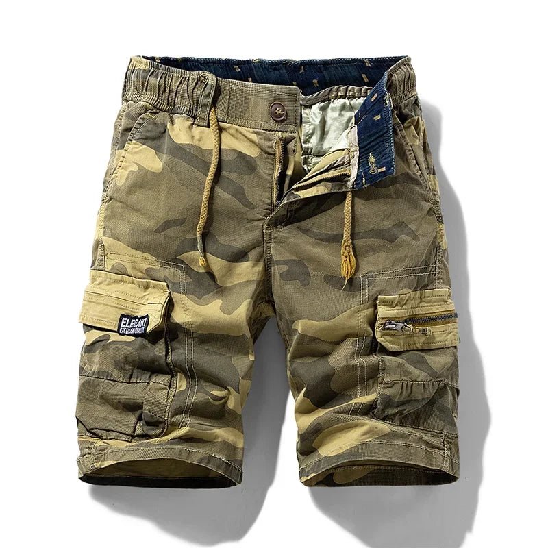 Men's Cotton Cargo Camouflage Shorts with pockets and breathable fabric.