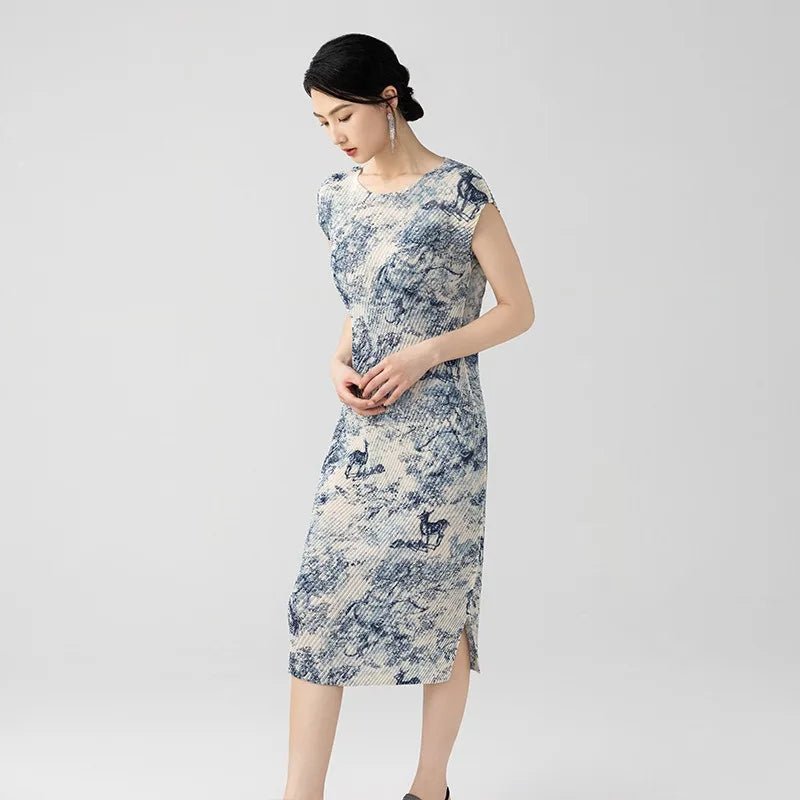 CasualFlowshop Blue Marble Pleated Midi Dress - Art - Inspired Elegance - CasualFlowshop