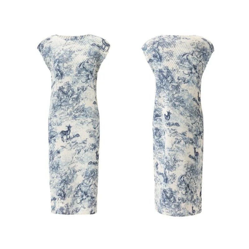 CasualFlowshop Blue Marble Pleated Midi Dress - Art - Inspired Elegance - CasualFlowshop