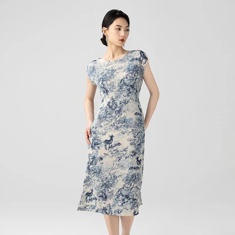 CasualFlowshop Blue Marble Pleated Midi Dress - Art - Inspired Elegance - CasualFlowshop