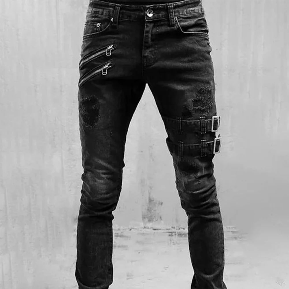 Stylish distressed slim-fit jeans showcasing strategic rips and a flattering silhouette, perfect for enhancing any casual outfit