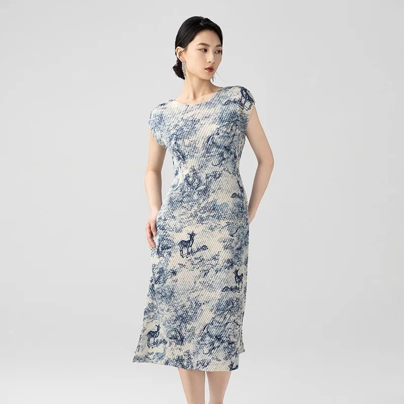 CasualFlowshop Blue Marble Pleated Midi Dress - Art - Inspired Elegance - CasualFlowshop