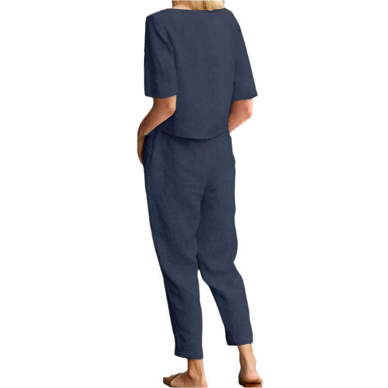 Women's Cotton Linen Summer Suit. A breathable two-piece set with a half-sleeved top and wide-leg trousers.