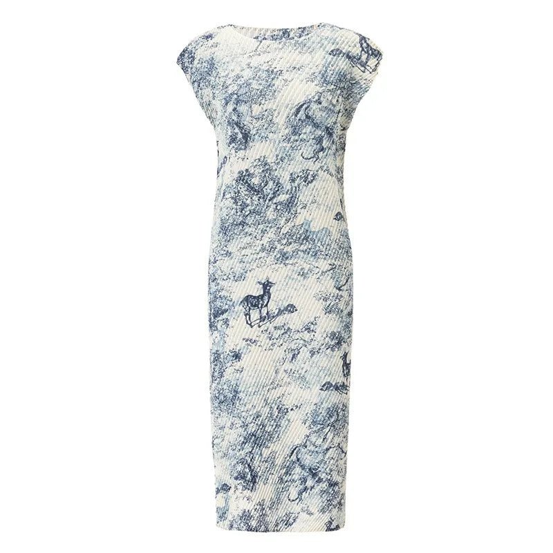CasualFlowshop Blue Marble Pleated Midi Dress - Art - Inspired Elegance - CasualFlowshop