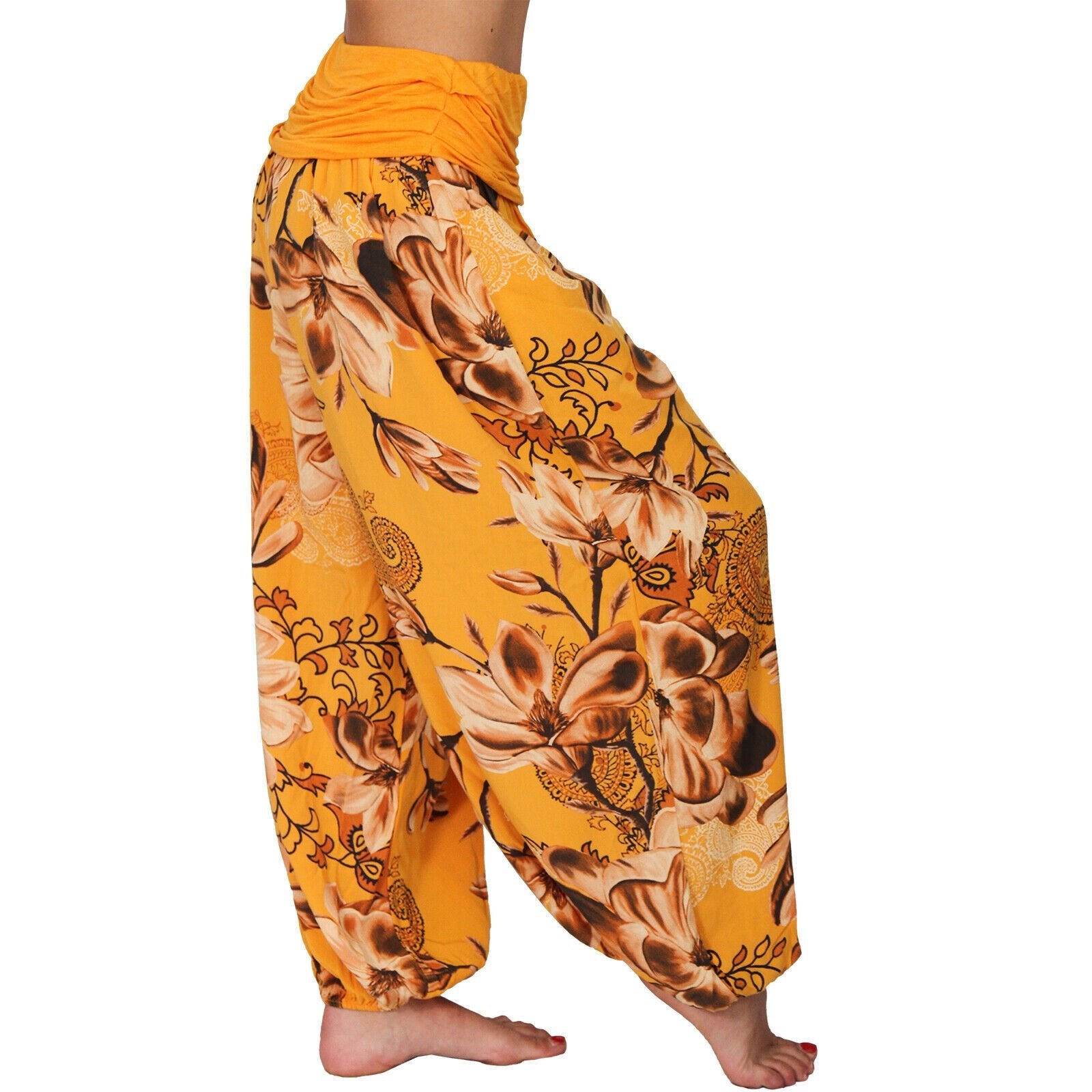 CasualFlowshop Floral Harem Pants - Boho Vibes with Fold - Over Waist - CasualFlowshop