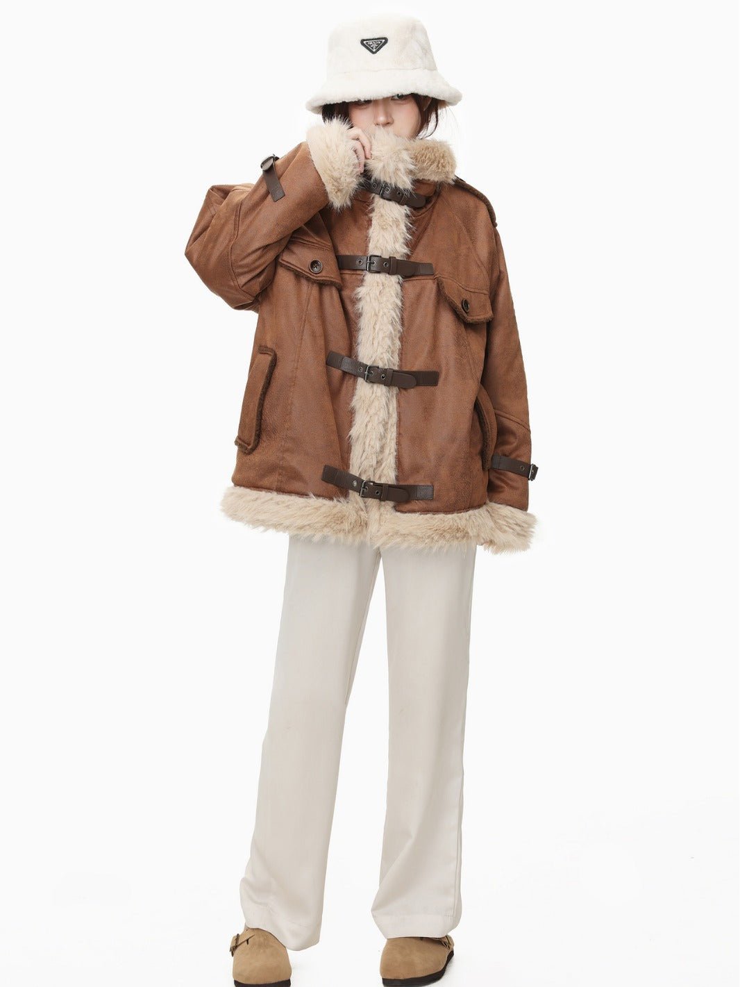 Elegant Women's Shearling Leather and Wool Coat with cozy shearling lining, tailored fit, and premium materials for winter