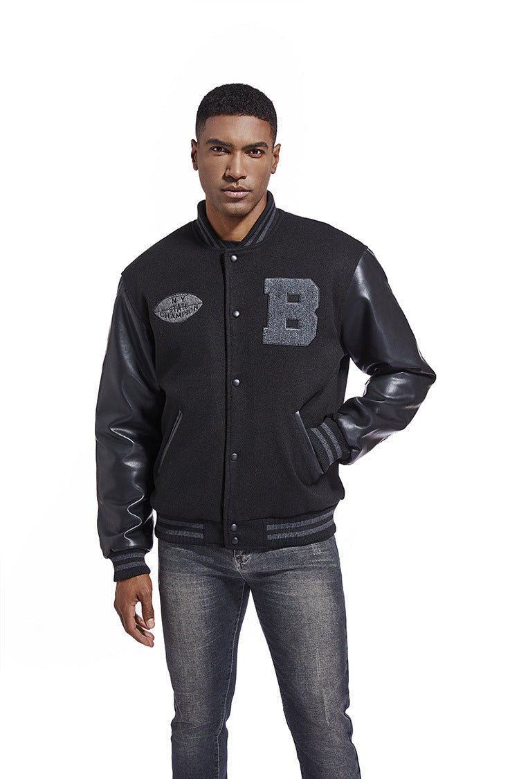 American Baseball Jacket with casual embroidery stitching, ribbed cuffs, and classic design in multiple colors.