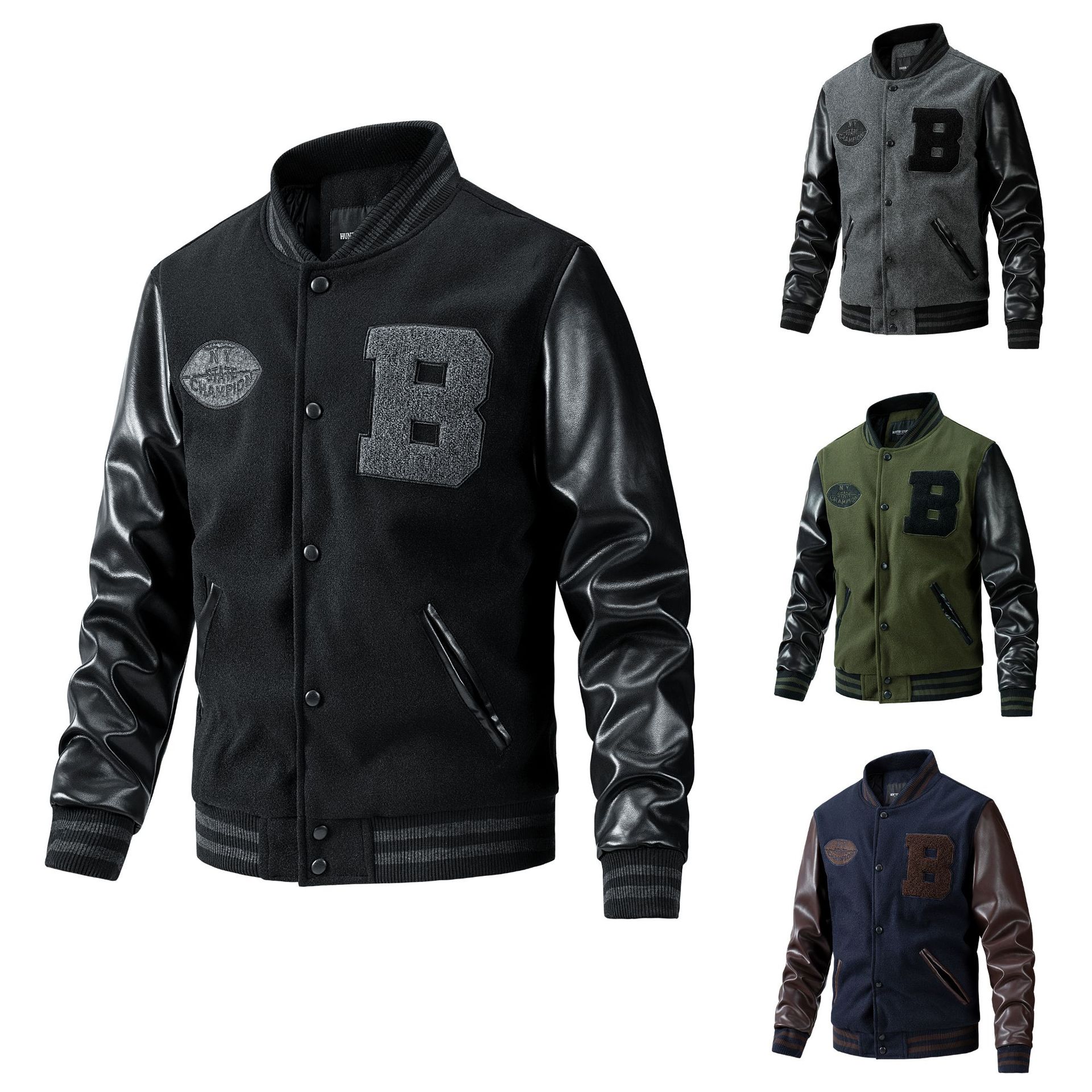 American Baseball Jacket with casual embroidery stitching, ribbed cuffs, and classic design in multiple colors.
