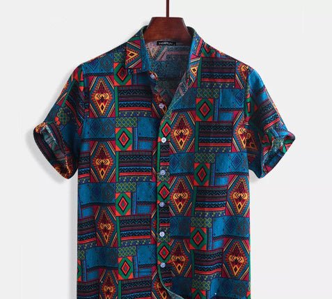 Men’s Printed Beach Shirt – Cotton Short Sleeve with Lapel Collar - CasualFlowshop