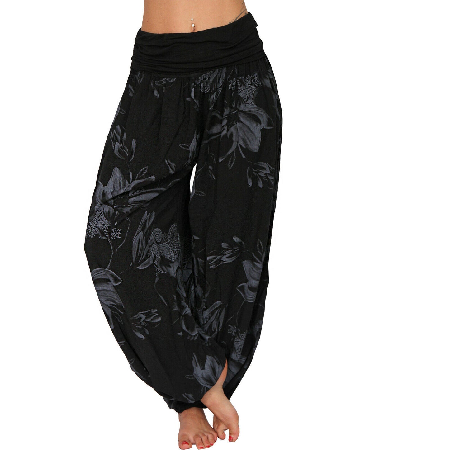 CasualFlowshop Floral Harem Pants - Boho Vibes with Fold - Over Waist - CasualFlowshop