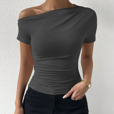 Slim-Fit Pleated Short Sleeve Top – Irregular Design