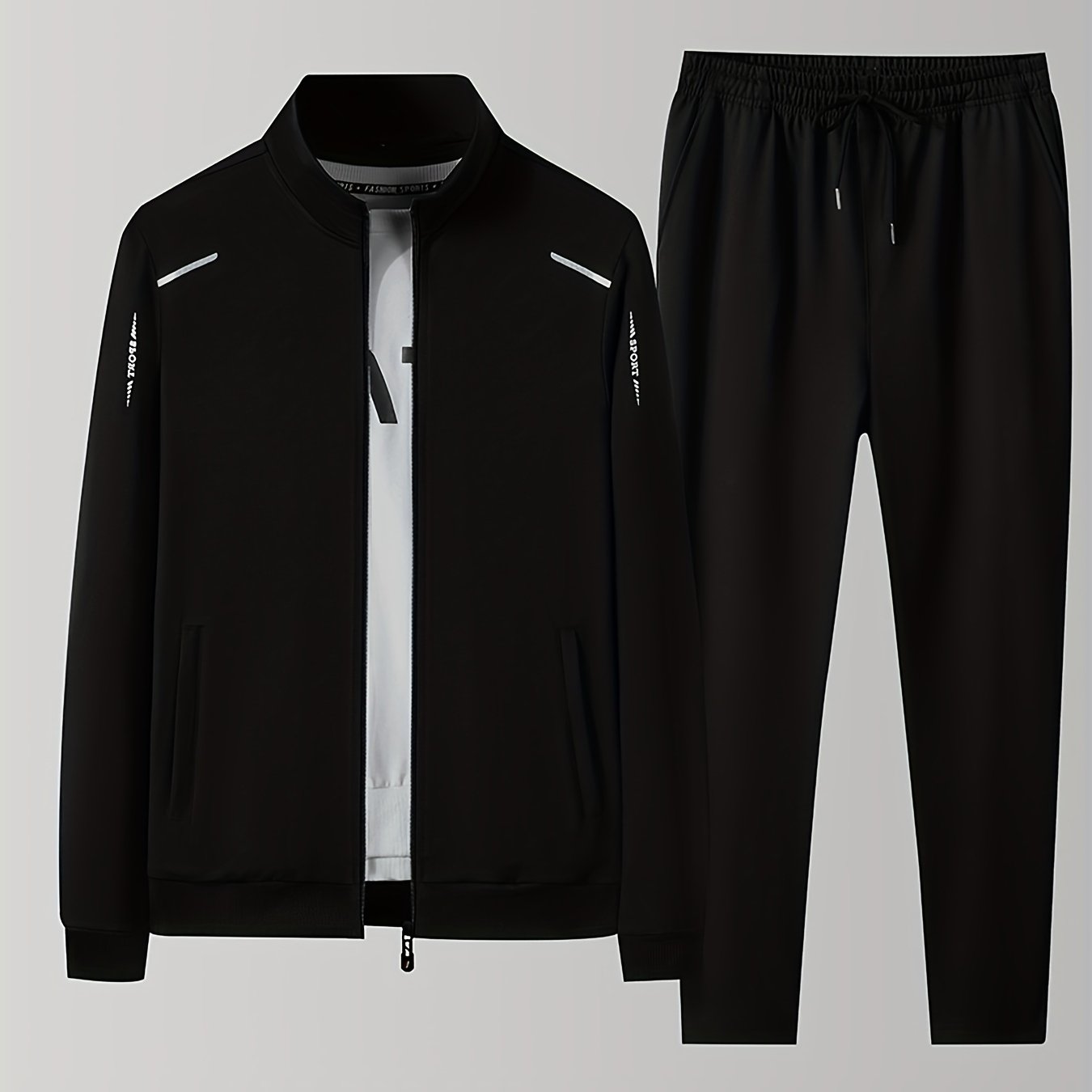 image_1Fleece men's athletic tracksuit in solid color with stretch fabric and pockets, ideal for sports and casual wear
