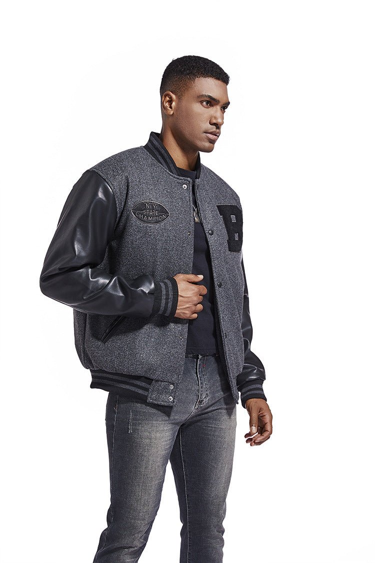 American Baseball Jacket with casual embroidery stitching, ribbed cuffs, and classic design in multiple colors.