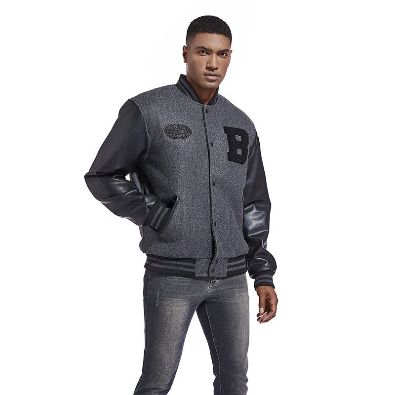 American Baseball Jacket with casual embroidery stitching, ribbed cuffs, and classic design in multiple colors.