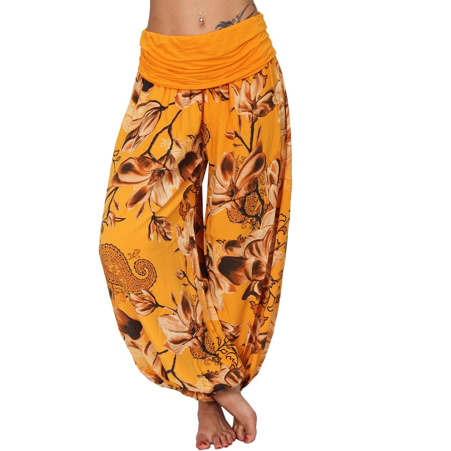 CasualFlowshop Floral Harem Pants - Boho Vibes with Fold - Over Waist - CasualFlowshop