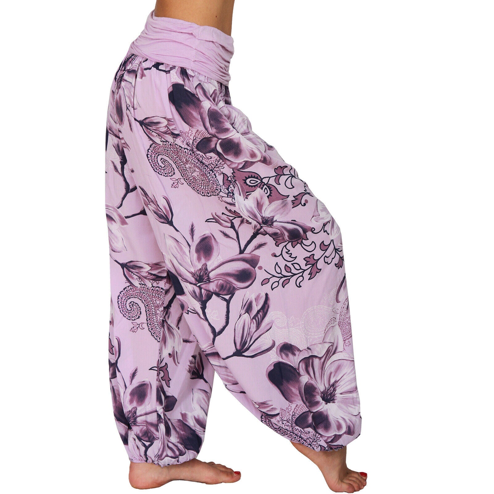 CasualFlowshop Floral Harem Pants - Boho Vibes with Fold - Over Waist - CasualFlowshop