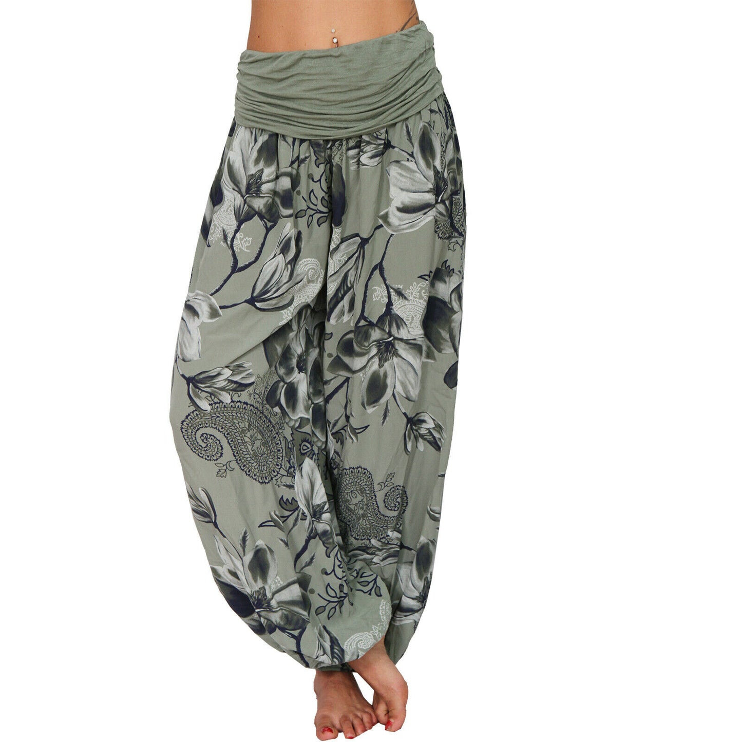 CasualFlowshop Floral Harem Pants - Boho Vibes with Fold - Over Waist - CasualFlowshop