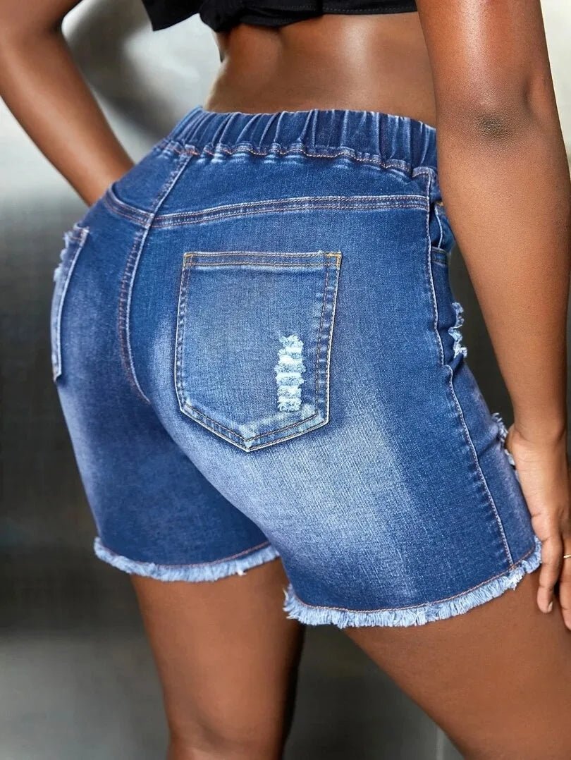 Blue ripped denim shorts for women, stylish and casual summer wear.
