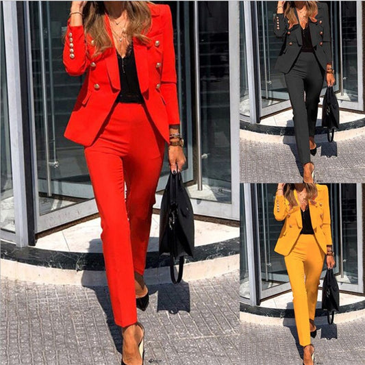 Professional Elegance: Women's Tailored Blazer and Pant Set - Women Pants Suit-CasualFlowshop 